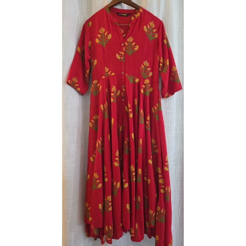 Color Ways Red Floral Long Dress Size Large Country Asian Flare Maxi Dress